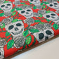 Skulls And Roses Polycotton Fabric Soft Craft Spooky Material By the Meter 44" (Red)