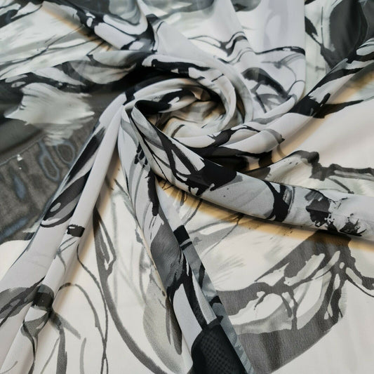 Black White Floral Printed Poly Crepe Dress Drape Craft Fabric 58" By The Meter (Design 1)