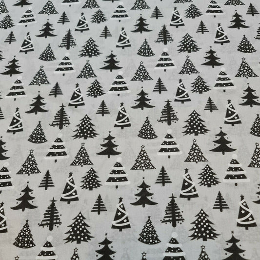 Christmas Festive Print Polycotton Xmas Tree Craft Fabric by Metre 44" (Silver)