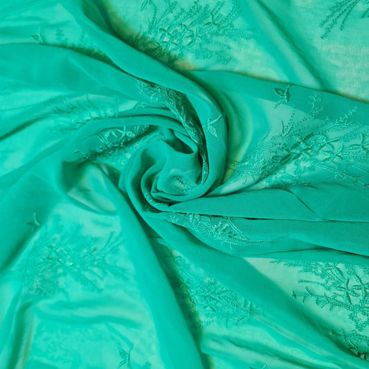 Sea Green Jade Floral Embroidery Crepe Georgette Dress Craft Fabric 58" By Metre