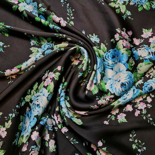 Black Roses Soft Floral Print Satin Dress Craft Fabric By The Meter 58"