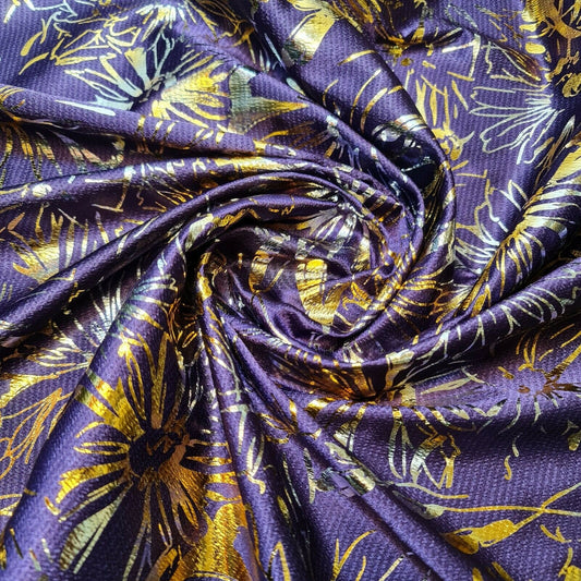 Floral Purple Gold Foil Printed Satin Finish Dress Craft Fabric By The Meter