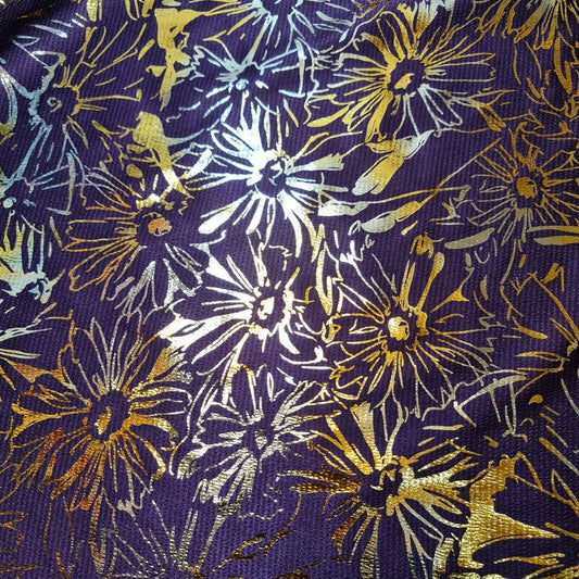 Floral Purple Gold Foil Printed Satin Finish Dress Craft Fabric By The Meter