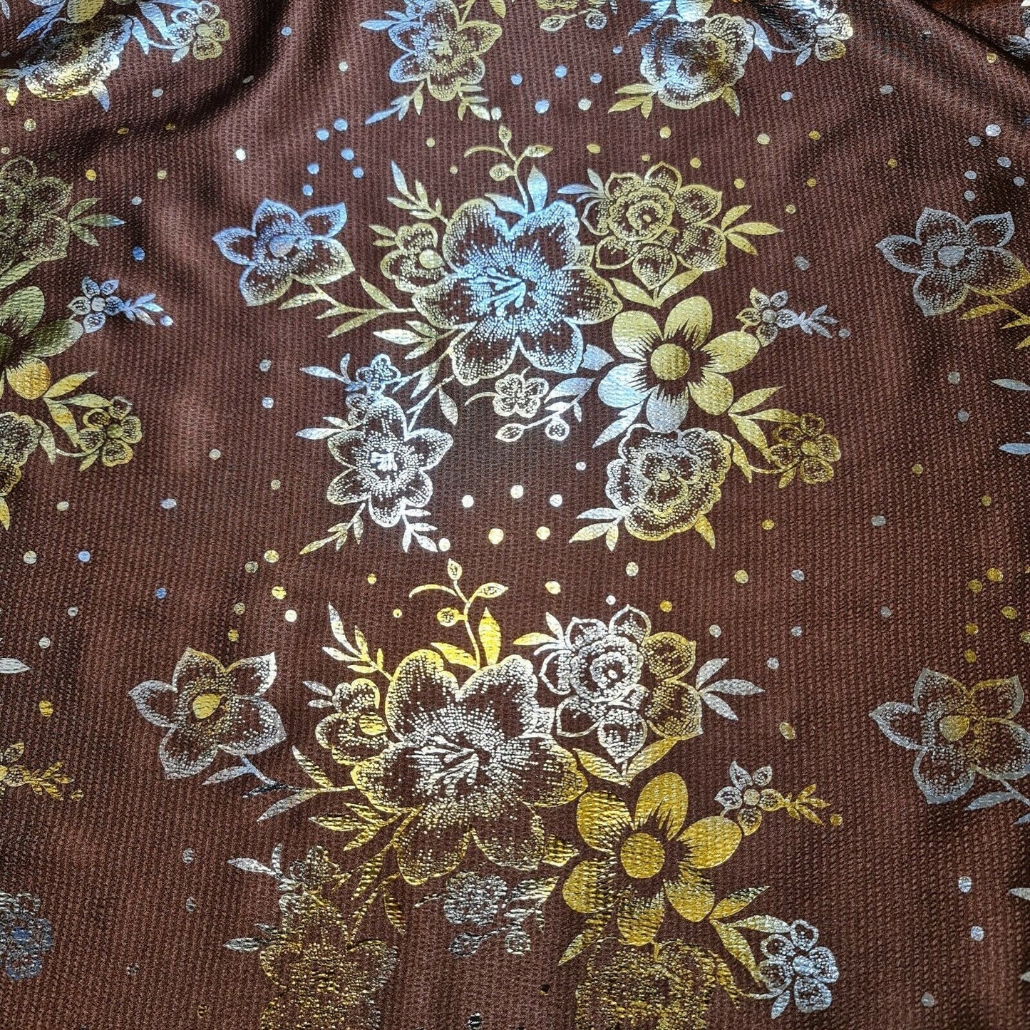 Floral Brown Gold Foil Printed Satin Finish Dress Craft Fabric By The Meter