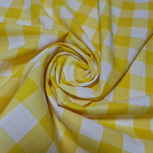 Polycotton Fabric 1" Gingham Check Material Dress Craft Uniform Checked 112cm  (Yellow)