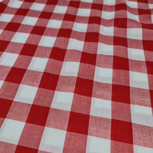 Polycotton Fabric 1" Gingham Check Material Dress Craft Uniform Checked 112cm  (Red)