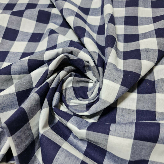 Polycotton Fabric 1" Gingham Check Material Dress Craft Uniform Checked 112cm  (Navy)