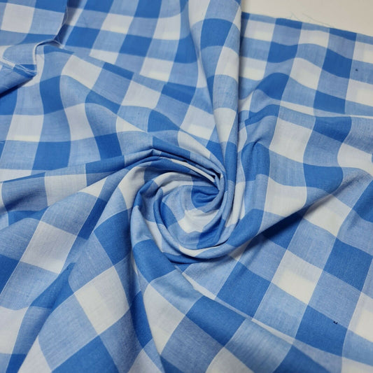 Sky Blue Polycotton Fabric 1" Gingham Check Sewing Dressmaking Curtains Uniform Table cover Material 44" Meter