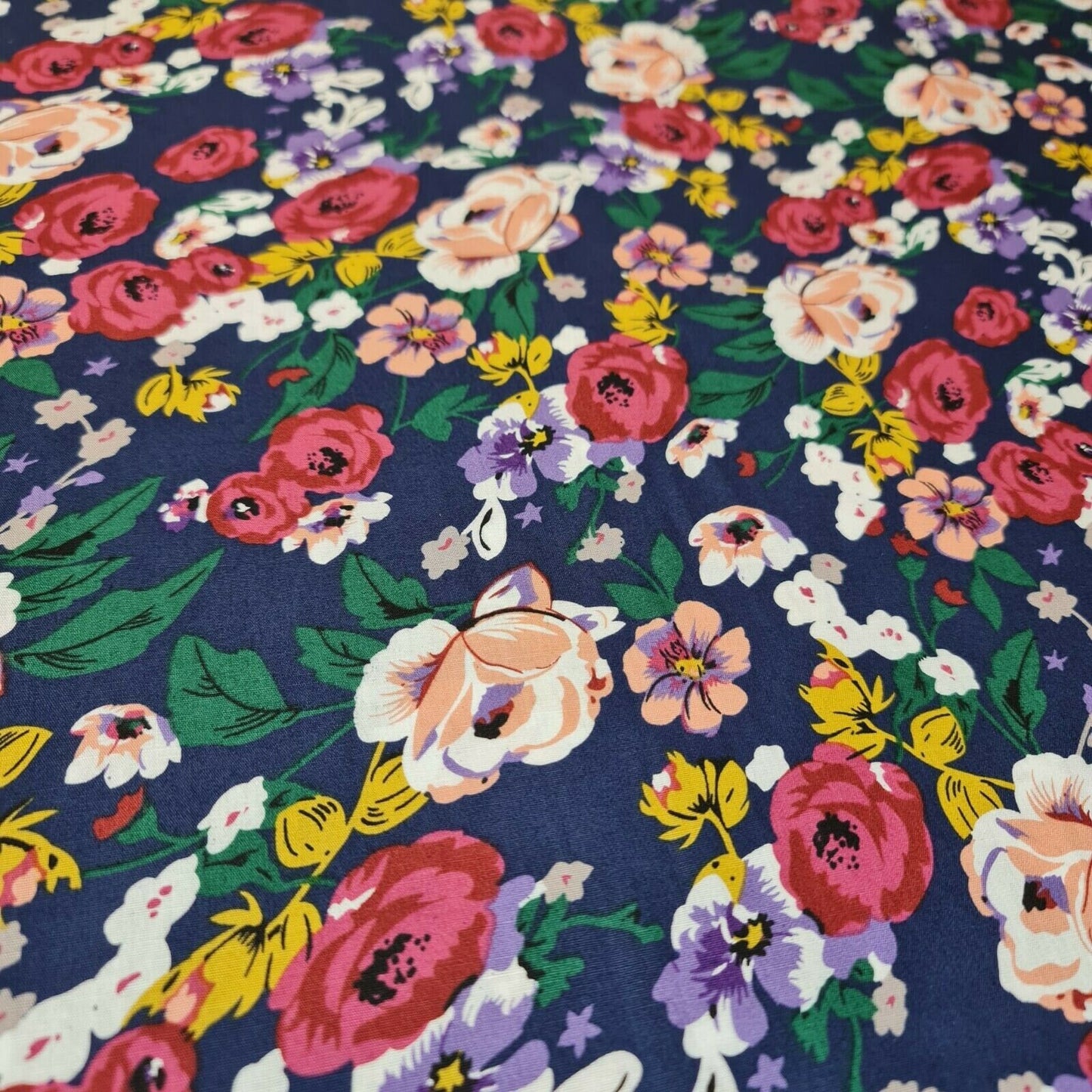 100% Cotton Poplin Floral Rose Print Spring Fabric Dress Craft Soft Fabric 58" (Navy Base)