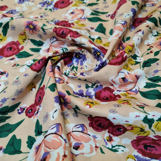 100% Cotton Poplin Floral Rose Print Spring Fabric Dress Craft Soft Fabric 58" (Beige Base)