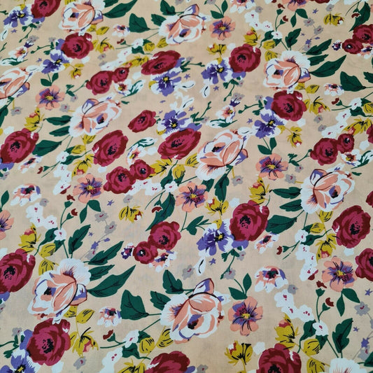 100% Cotton Poplin Floral Rose Print Spring Fabric Dress Craft Soft Fabric 58" (Beige Base)