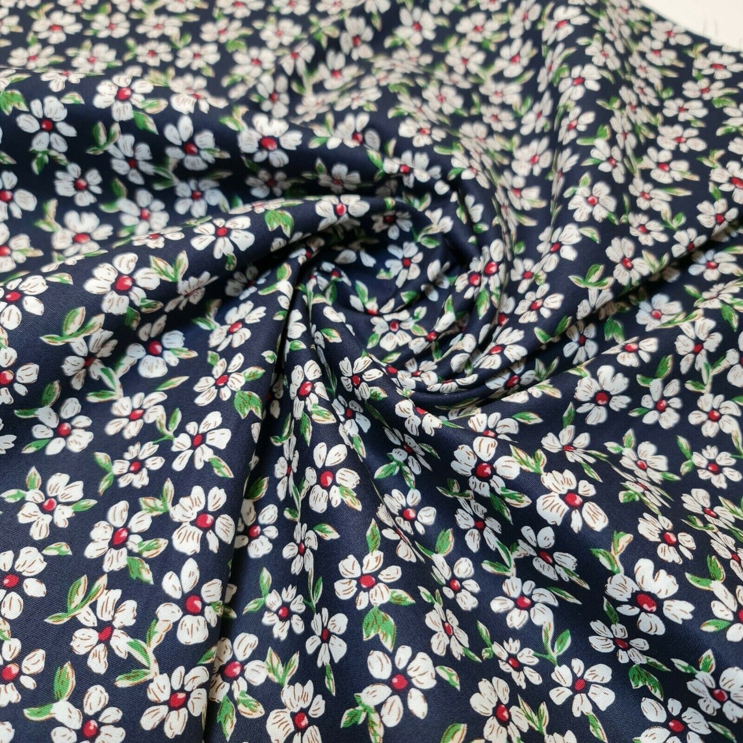 100% Cotton Poplin Floral Spring Bloom Print Fabric Dress Craft Soft Fabric 58" (Navy Blue)