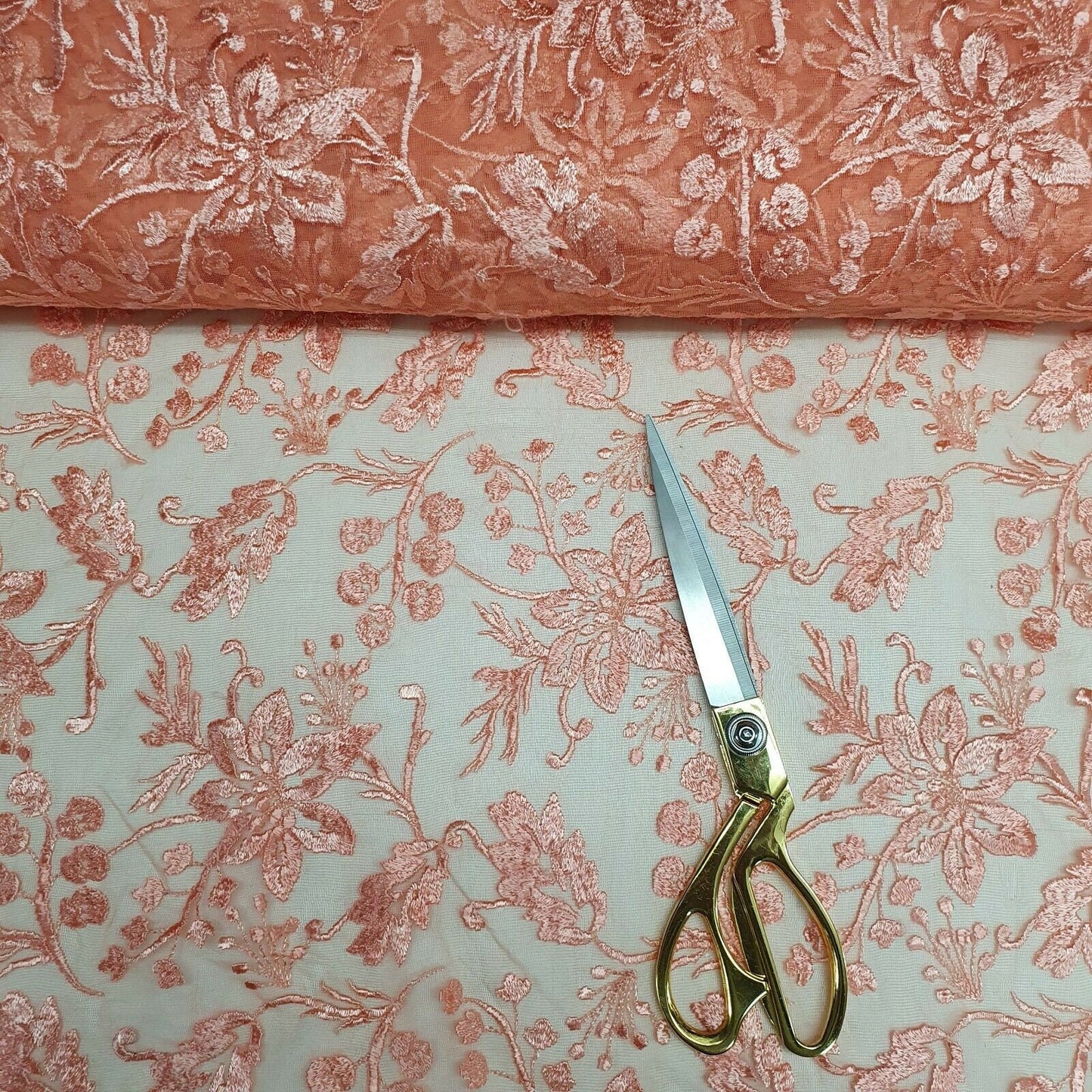 Premium Soft Tone To Tone Net Thread Floral Embroidery Dressmaking Fabric 44" (Peach)