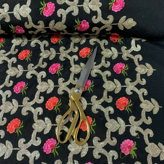 Faden-Pailletten-Blumenstickerei, gekräuselter Krepp-Chiffon-Kleiderstoff, Bastelstoff, 111,8 cm (schwarz)