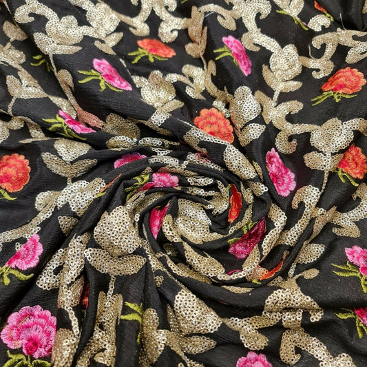 Faden-Pailletten-Blumenstickerei, gekräuselter Krepp-Chiffon-Kleiderstoff, Bastelstoff, 111,8 cm (schwarz)