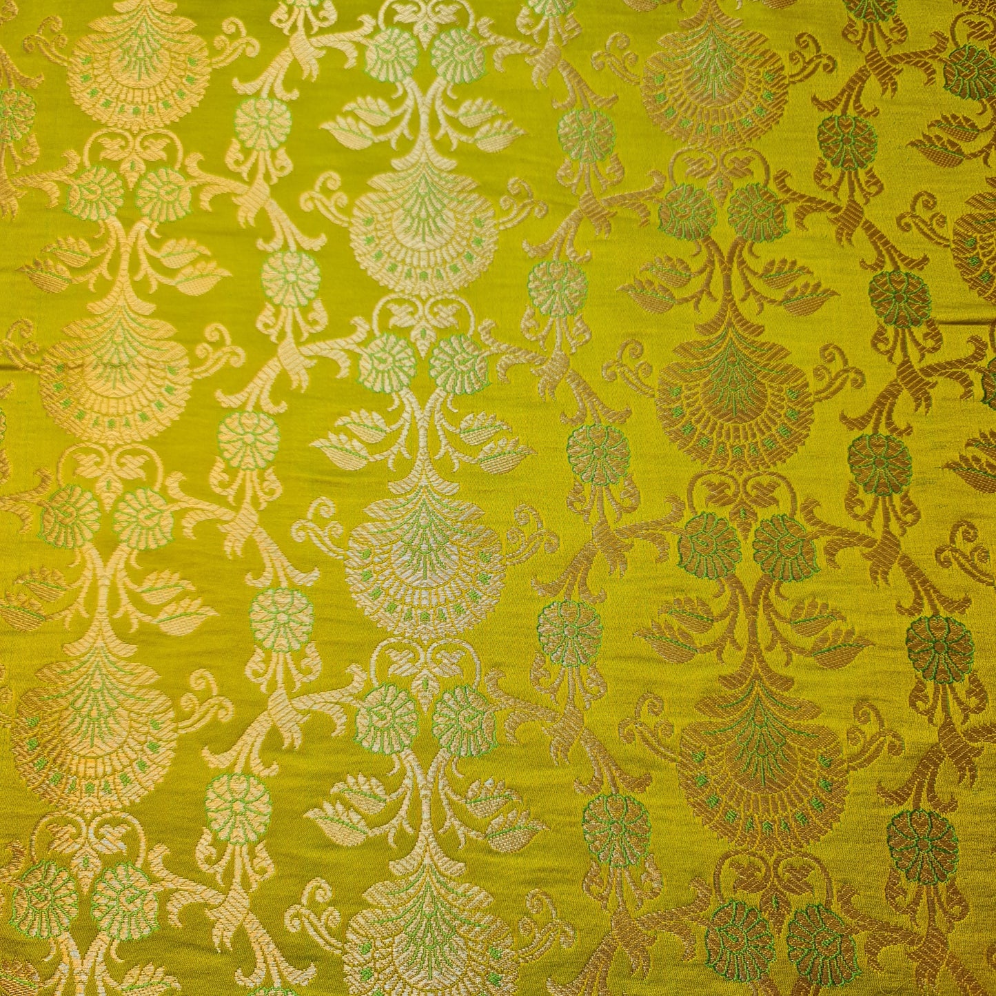 Ornamental Christmas (Lime) Floral Gold Metallic Print Indian Banarasi Brocade Fabric