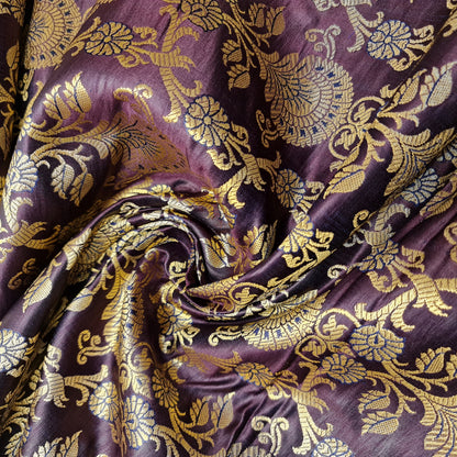 Plum PEACOCK TRAIL Floral Gold Metallic Banarasi Brocade Fabric – Premium Handloom Indian Fabric (by the Metre)