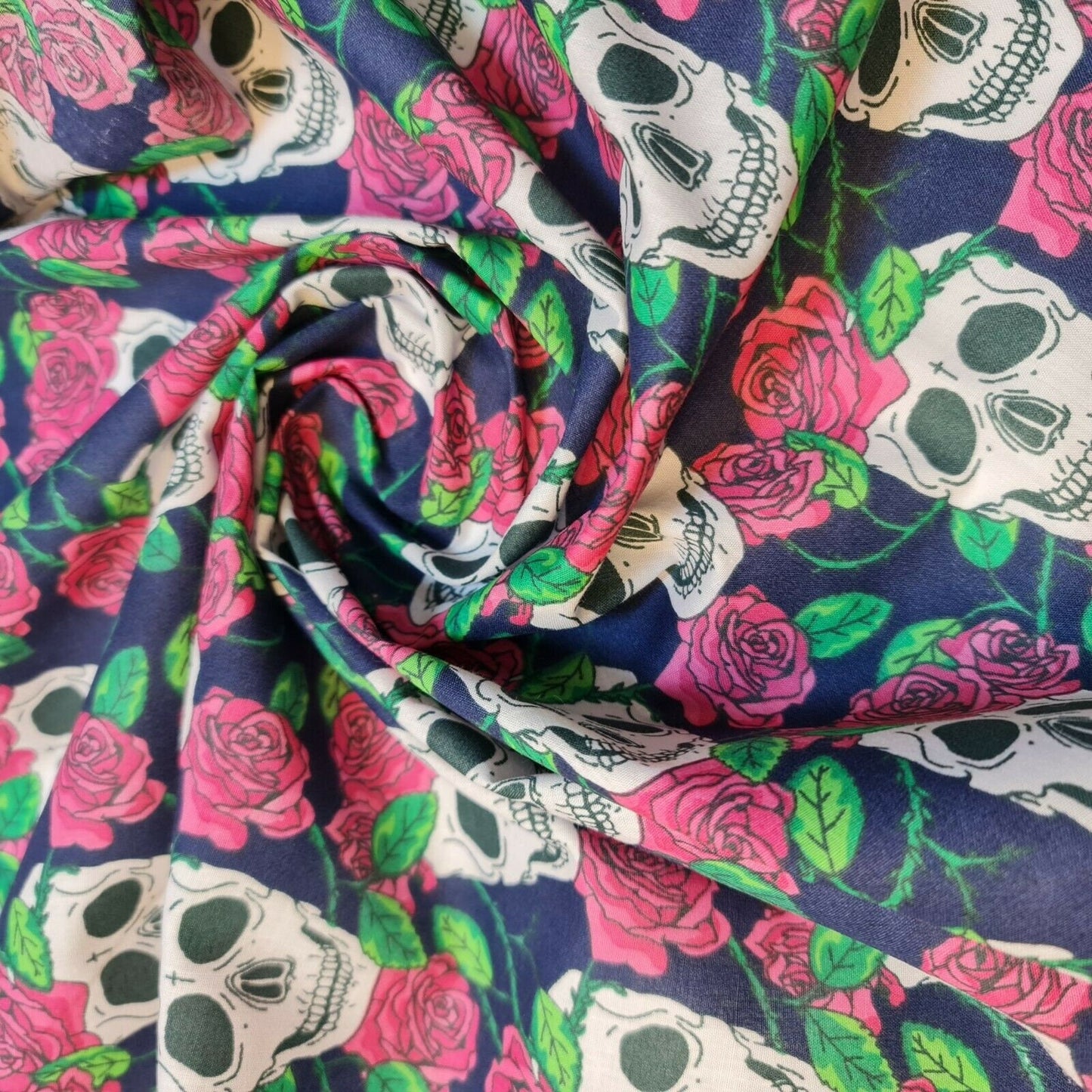 Skulls And Roses Polycotton Fabric Soft Craft Spooky Material By the Meter 44" (Blue)