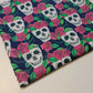 Skulls And Roses Polycotton Fabric Soft Craft Spooky Material By the Meter 44" (Blue)