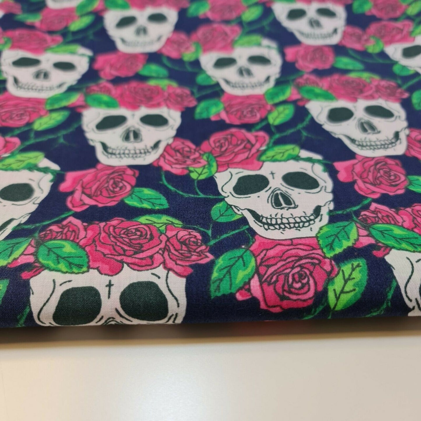 Skulls And Roses Polycotton Fabric Soft Craft Spooky Material By the Meter 44" (Blue)