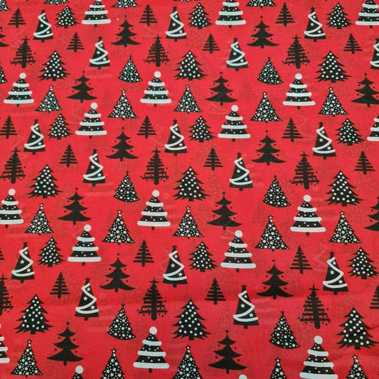 Christmas Festive Print Polycotton Xmas Tree Craft Fabric by Metre 44" (Red)