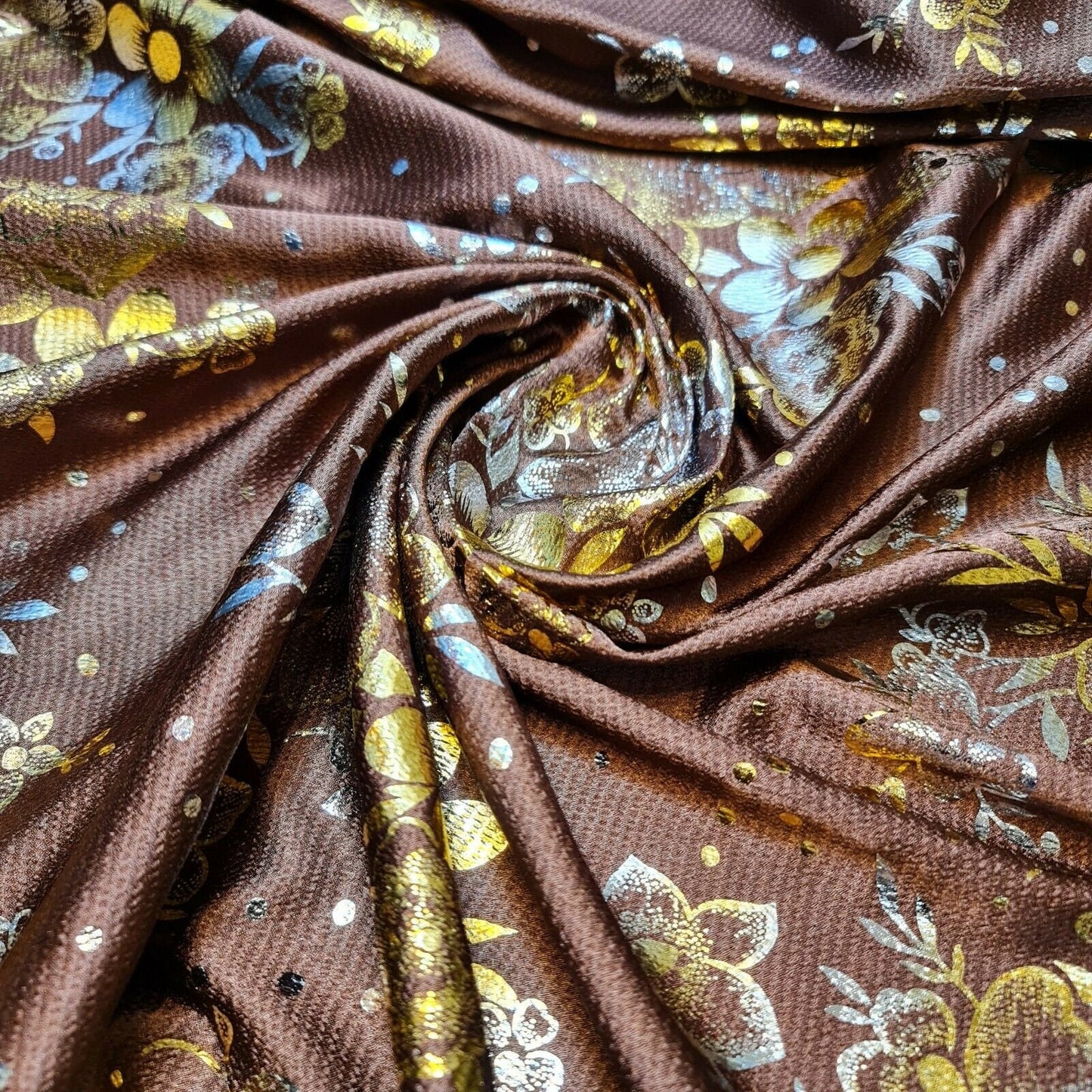 Floral Brown Gold Foil Printed Satin Finish Dress Craft Fabric By The Meter