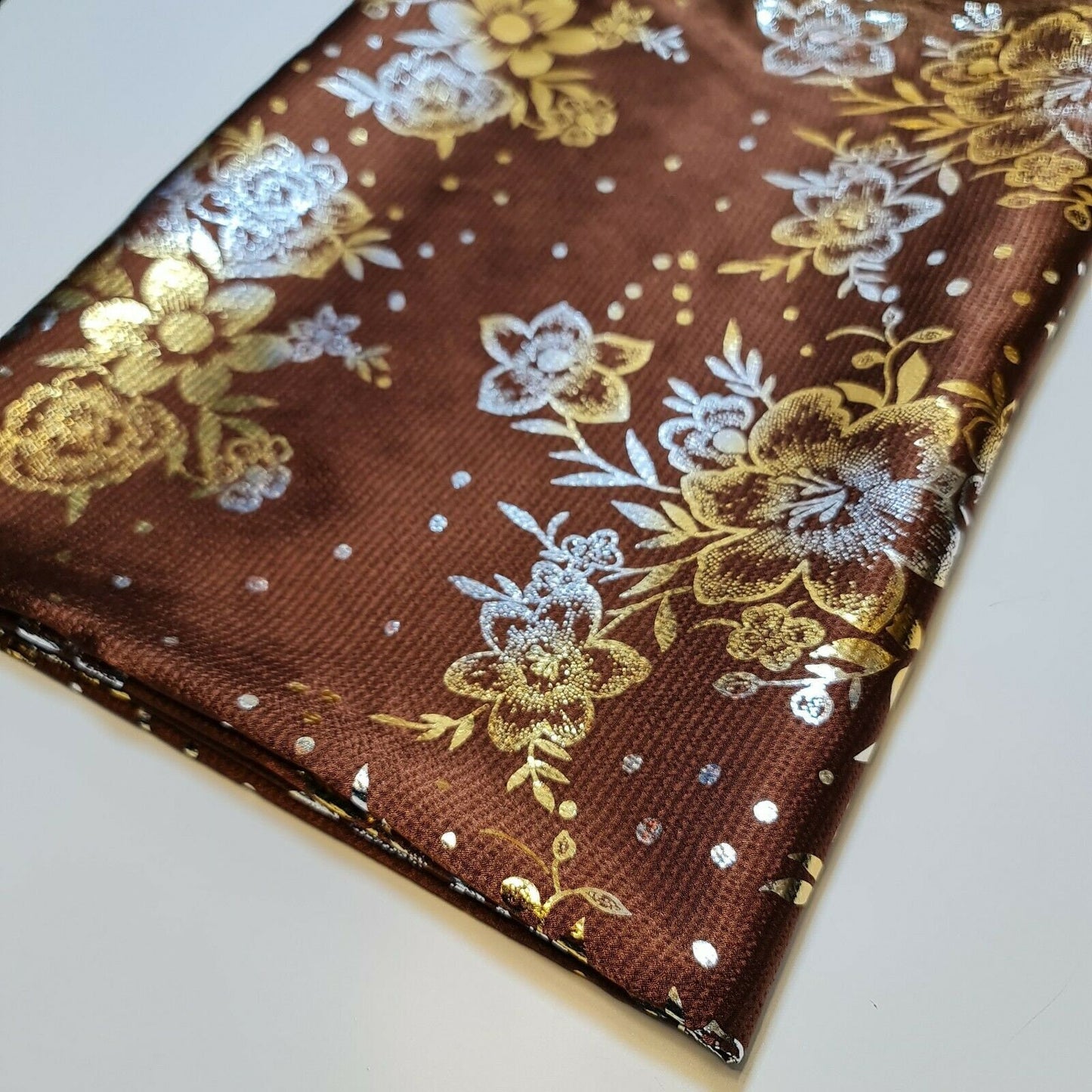 Floral Brown Gold Foil Printed Satin Finish Dress Craft Fabric By The Meter