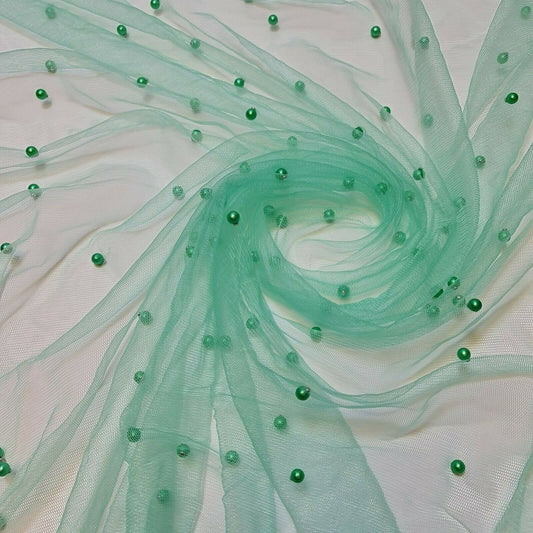 Tulle Beaded Pearl Lace Net Fabric Bridal Veil Wedding Backdrop Décor 58" (Sea Green)