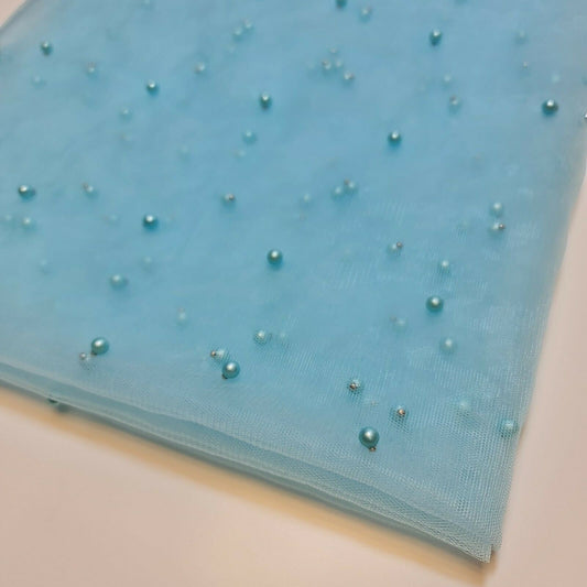 Tüll mit Perlen und Spitze, Netzstoff, Brautschleier, Hochzeitshintergrund, Dekoration, 147,3 cm (Hellblau)