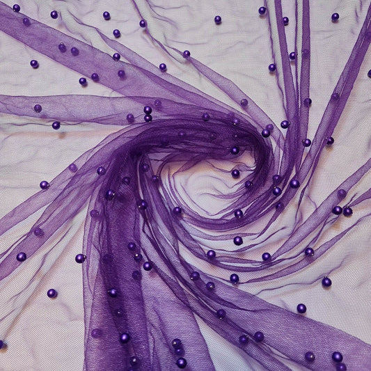 Cadbury Purple Tulle Beaded Pearl Lace Net Fabric Bridal Veil Wedding Backdrop Décor 58"