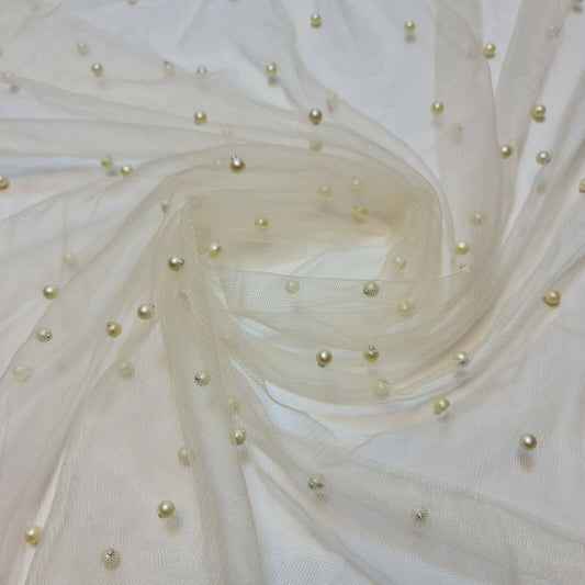 Cream Tulle Beaded Pearl Lace Net Fabric Bridal Veil Wedding Backdrop Décor 58"