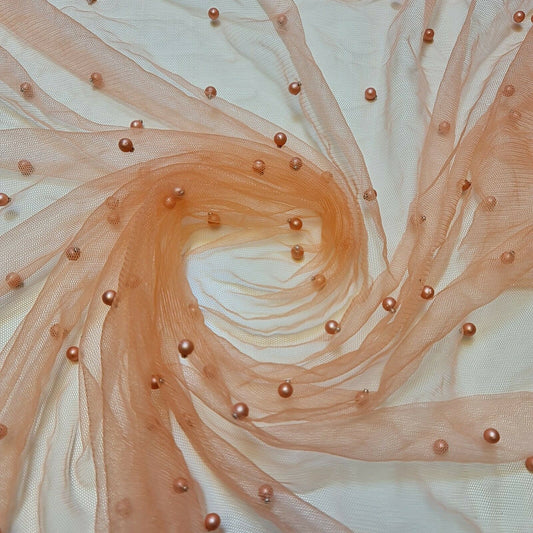 Tüll mit Perlen und Spitzennetz, Brautschleier, Hochzeitshintergrund, Dekoration, 147,3 cm (dunkles Pfirsich)