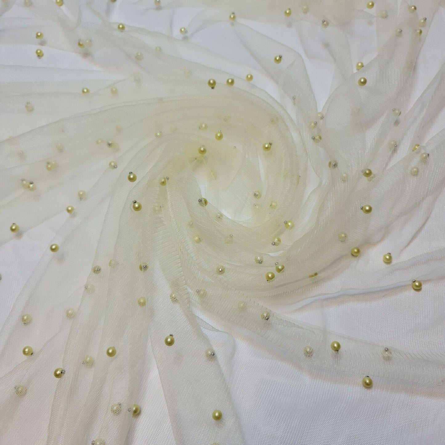 Tulle Beaded Pearl Lace Net Fabric Bridal Veil Wedding Backdrop Décor 58" (Lemon)