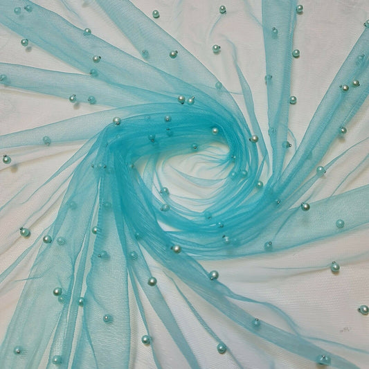 Tüll mit Perlen und Spitzennetz, Brautschleier, Hochzeitshintergrund, Dekoration, 147,3 cm (Türkis)