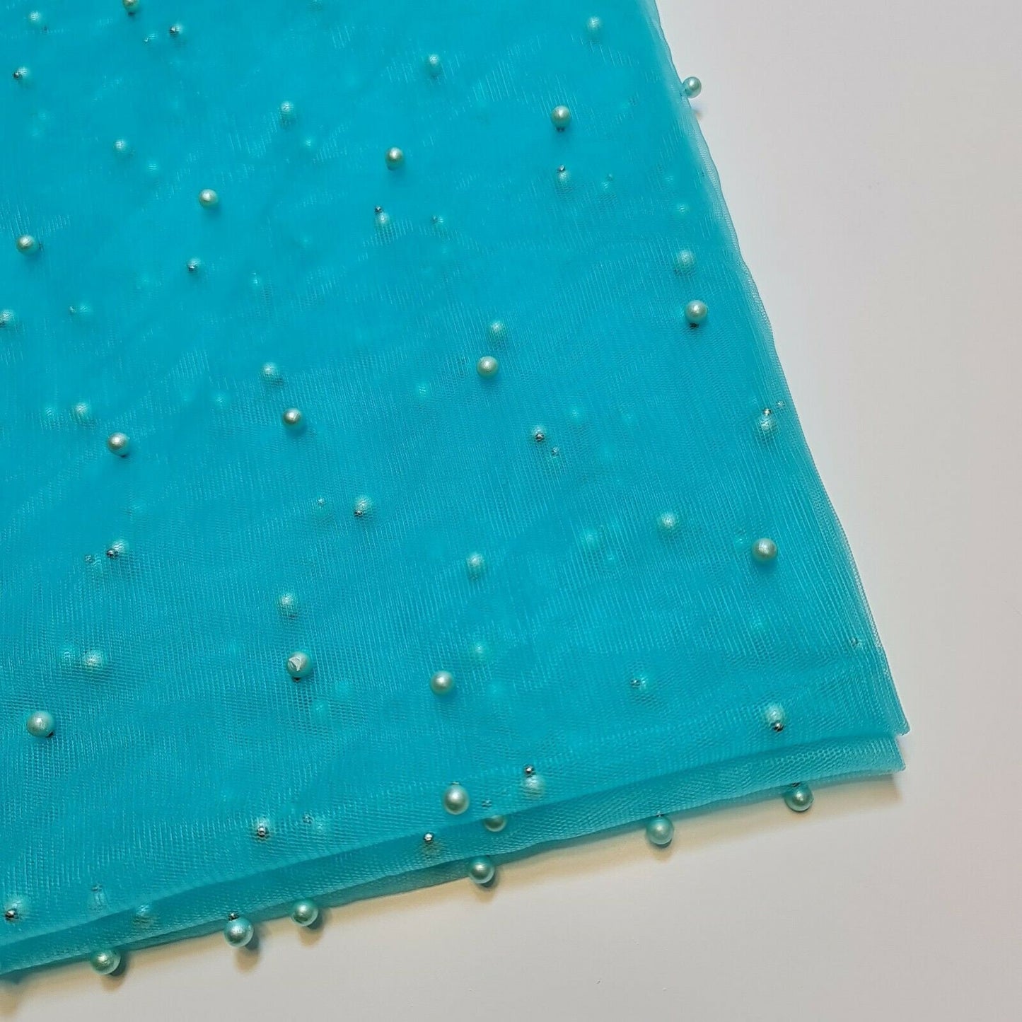 Tulle Beaded Pearl Lace Net Fabric Bridal Veil Wedding Backdrop Décor 58" (Turquoise)