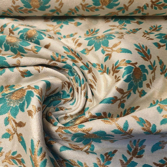 Indischer Brokat-Banarasi-Jacquard-Polsterstoff, 111,8 cm (beige Basis mit türkisfarbenen Blumen).