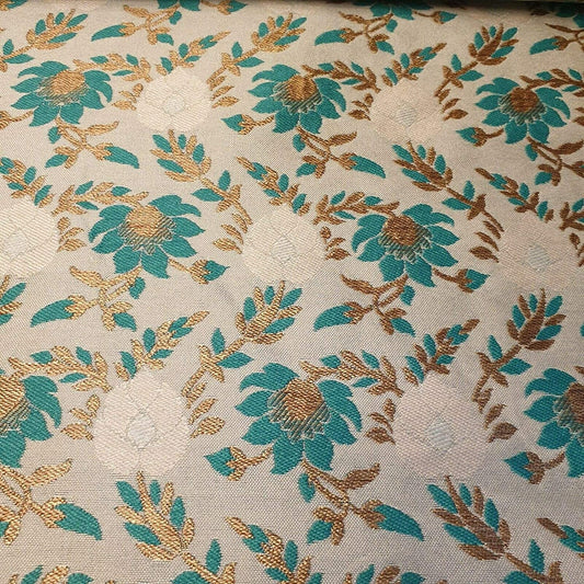Indischer Brokat-Banarasi-Jacquard-Polsterstoff, 111,8 cm (beige Basis mit türkisfarbenen Blumen).