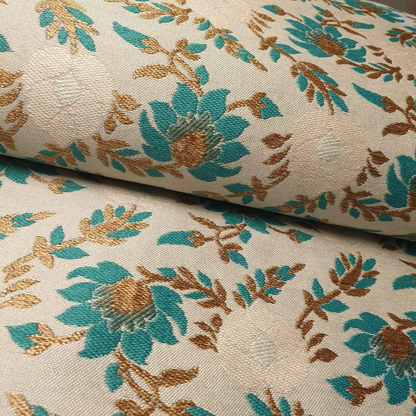 Indian Brocade Banarasi Jacquard Upholstery Craft Cushion Dress Fabric 44" (Beige Base with Turquoise Flowers)