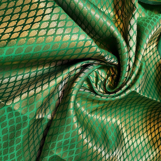 Ditsy Gold Leaf Print Brocade Floral Jacquard Print Indian Banarasi Fabric 44" (Emerald Green)