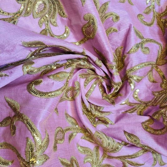Mauve Luxury Faux Raw Silk Fabric with Gold Floral Embroidery – 44” Wide – Dress, Décor & Craft Material (By the Meter)