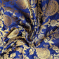 Ornamental Floral Gold Metallic Print Indian Banarasi Brocade Fabric (Navy Blue)