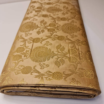 Gold PEACOCK TRAIL Floral Gold Metallic Banarasi Brocade Fabric – Premium Handloom Indian Fabric (by the Metre)