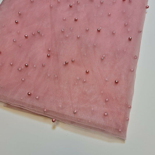 Tüll mit Perlen und Spitze, Netzstoff, Brautschleier, Hochzeitshintergrund, Dekoration, 147,3 cm (Altrosa)