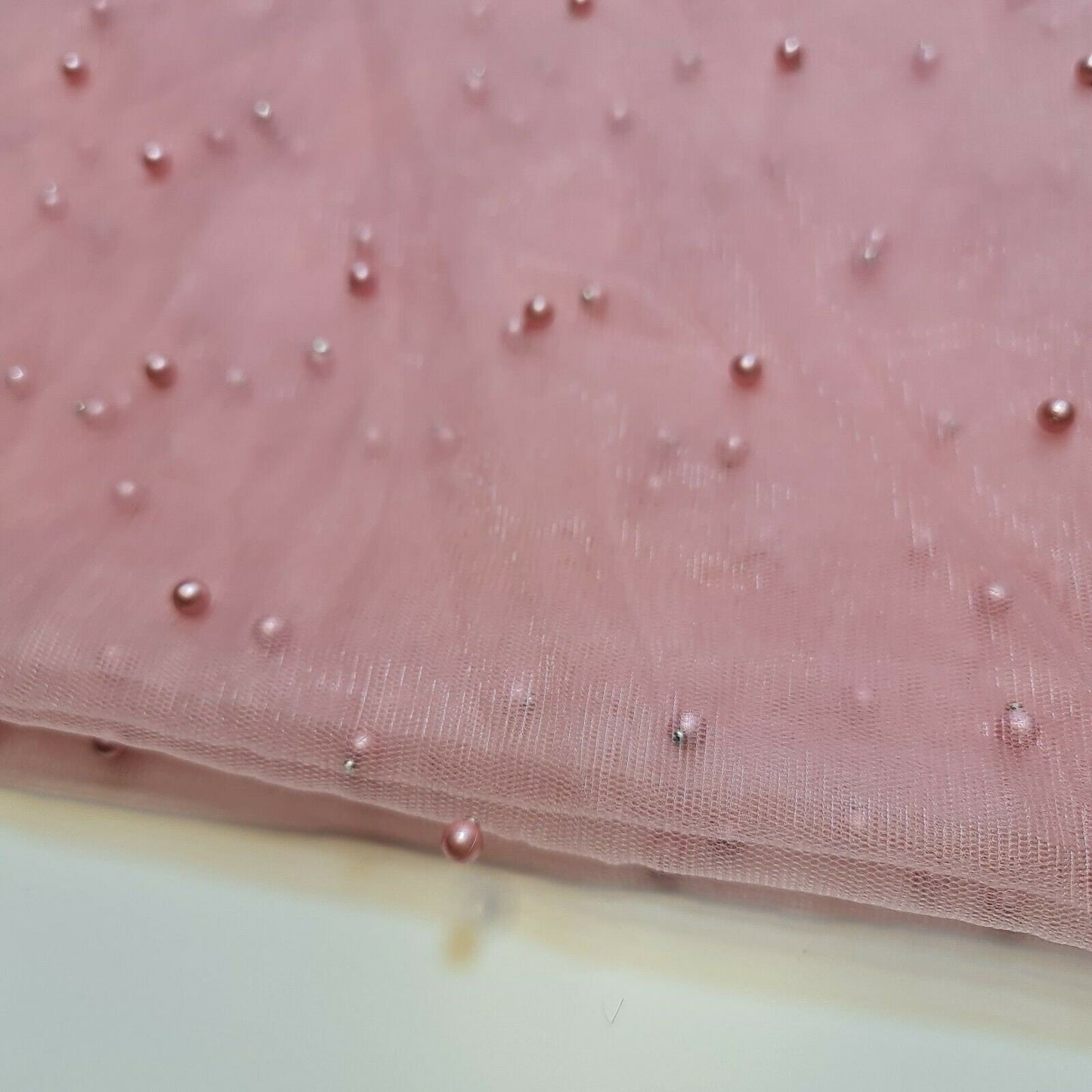 Tulle Beaded Pearl Lace Net Fabric Bridal Veil Wedding Backdrop Décor 58" (Dusty Pink)