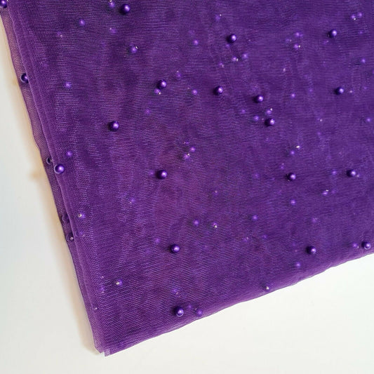 Cadbury Purple Tulle Beaded Pearl Lace Net Fabric Bridal Veil Wedding Backdrop Décor 58"