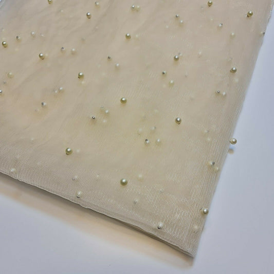 Cream Tulle Beaded Pearl Lace Net Fabric Bridal Veil Wedding Backdrop Décor 58"