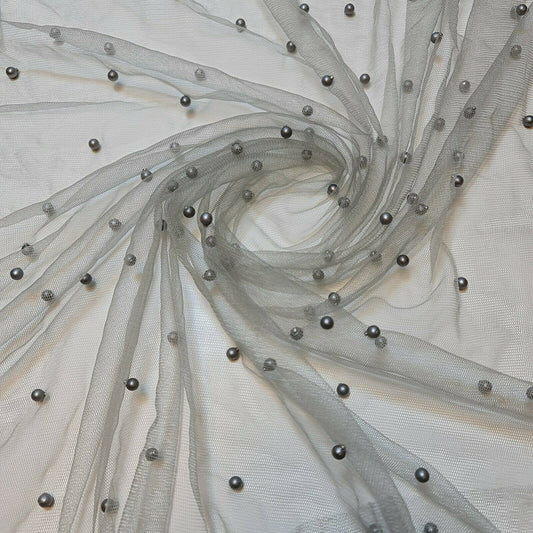 Tüll mit Perlen und Spitze, Netzstoff, Brautschleier, Hochzeitshintergrund, Dekoration, 147,3 cm (meliertes Grau)