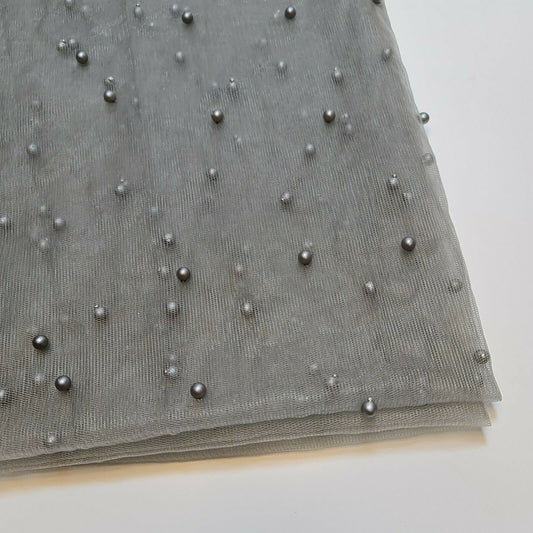 Tüll mit Perlen und Spitze, Netzstoff, Brautschleier, Hochzeitshintergrund, Dekoration, 147,3 cm (meliertes Grau)