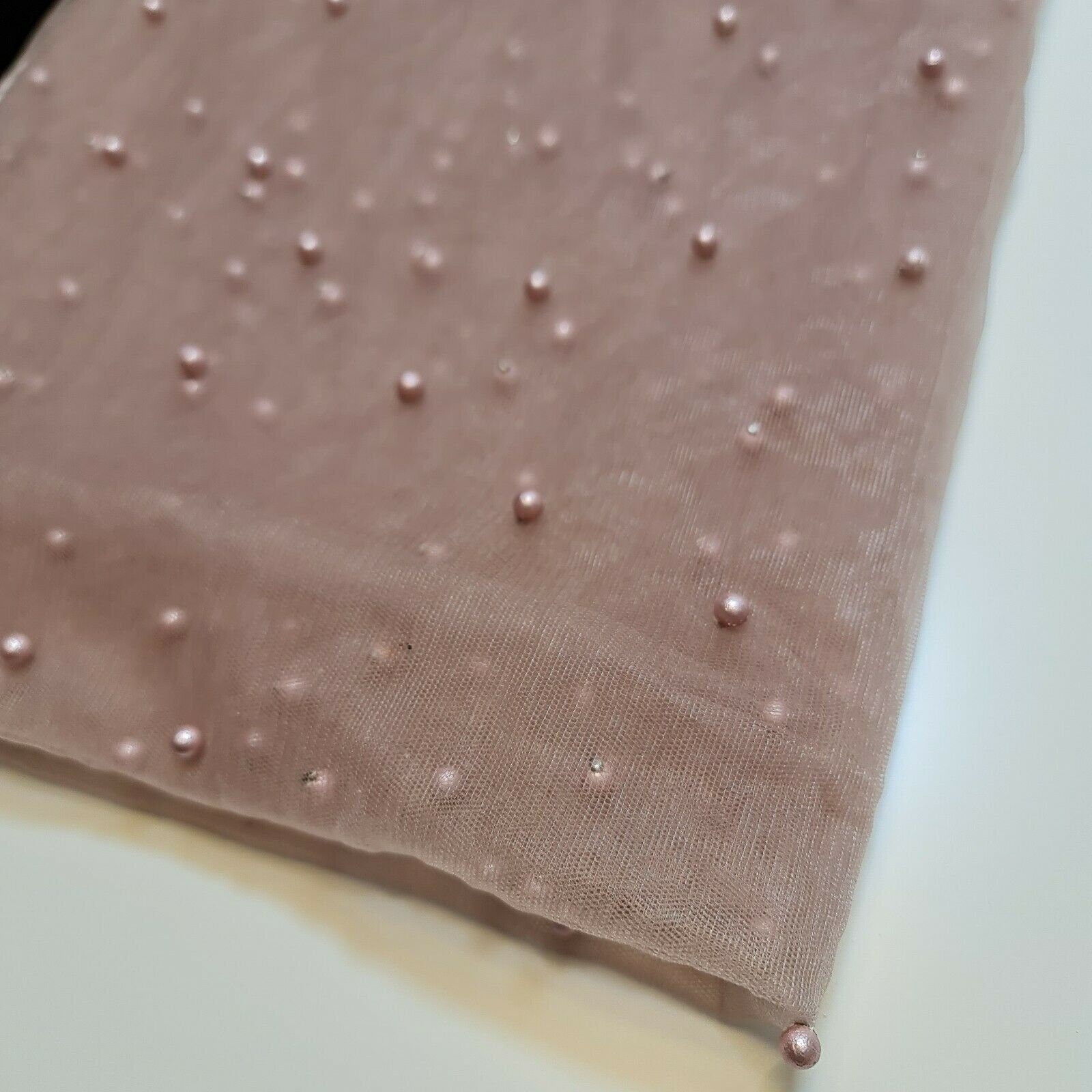 Dark Dusty Pink Tulle Beaded Pearl Lace Net Fabric Bridal Veil