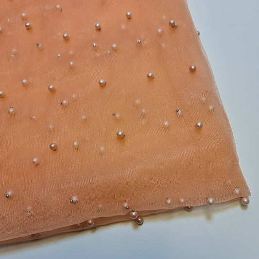 Tüll mit Perlen und Spitzennetz, Brautschleier, Hochzeitshintergrund, Dekoration, 147,3 cm (Pfirsich)